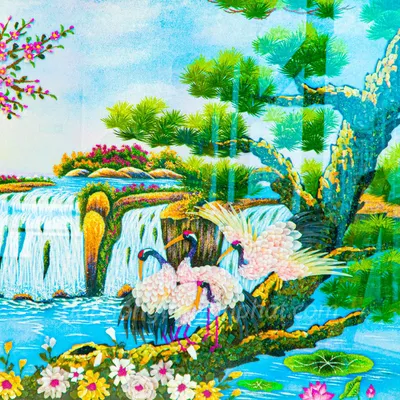 Tranh Đá Phong Thủy | Tranh Đá Quý Cao Cấp | Tranh Đá Quý Phong Cảnh | Tranh Tùng Hạc Đón Khách Chất Liệu Đá Quý Tự Nhiên 100% - Kích Thước: 1m92 x 1m12 AT013