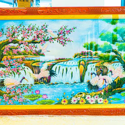 Tranh Đá Phong Thủy | Tranh Đá Quý Cao Cấp | Tranh Đá Quý Phong Cảnh | Tranh Tùng Hạc Đón Khách Chất Liệu Đá Quý Tự Nhiên 100% - Kích Thước: 1m92 x 1m12 AT013