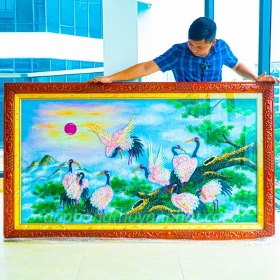 Tranh Đá Phong Thủy | Tranh Đá Quý Cao Cấp | Tranh Đá Quý Phong Cảnh | Tranh Tùng Hạc Diên Niên Chất Liệu Đá Quý Tự Nhiên 100% - Kích Thước: 1m92 x 1m12 AT010