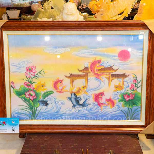 Tranh đá quý phong thuỷ Cá chép vượt vũ môn
