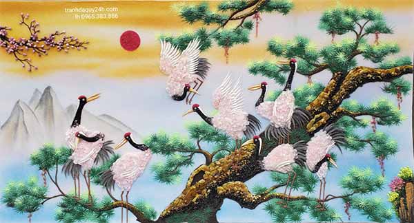 Tranh sơn thủy hữu tình kết hợp thêm chim hạc, hoa sen