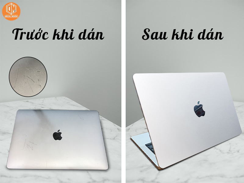 Macbook trước và sau khi dán Aluminum skin, chất liệu nhôm cản mỏng độc quyền từ Decal Nghĩa