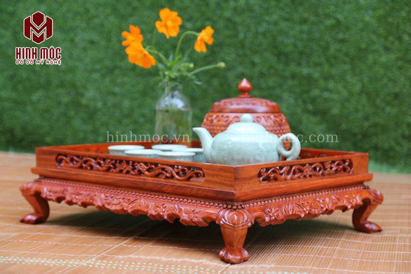 Khay trà chân quỳ gỗ hương hoa văn tinh tế Khay trà chân quỳ gỗ hương hoa văn tinh tế
