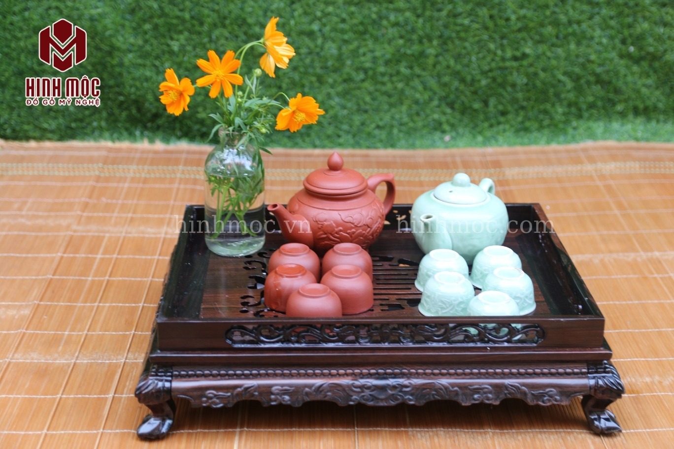 Khay trà gỗ mun chạm rồng Khay trà gỗ mun chạm rồng
