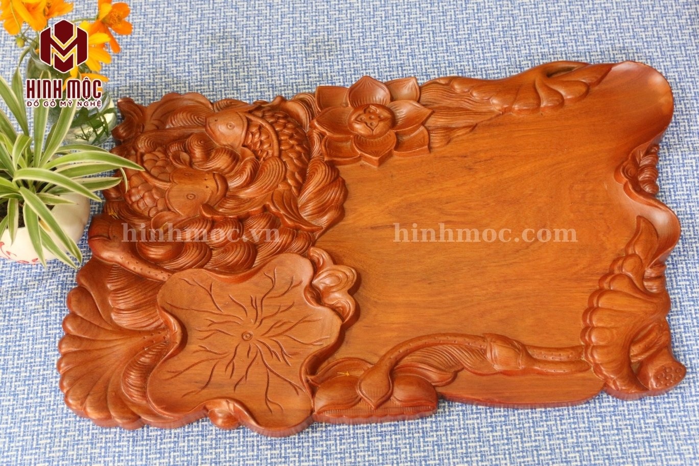 Khay trà gỗ nguyên khối cá chép lá sen 2 Khay trà gỗ nguyên khối cá chép lá sen 2