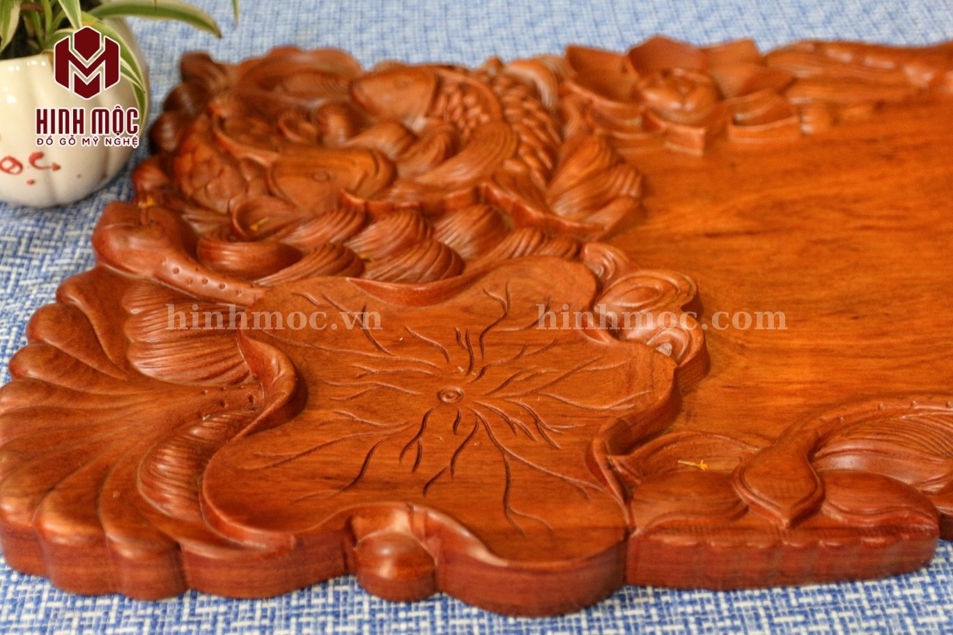 Khay trà gỗ nguyên khối cá chép lá sen 3 Khay trà gỗ nguyên khối cá chép lá sen 3