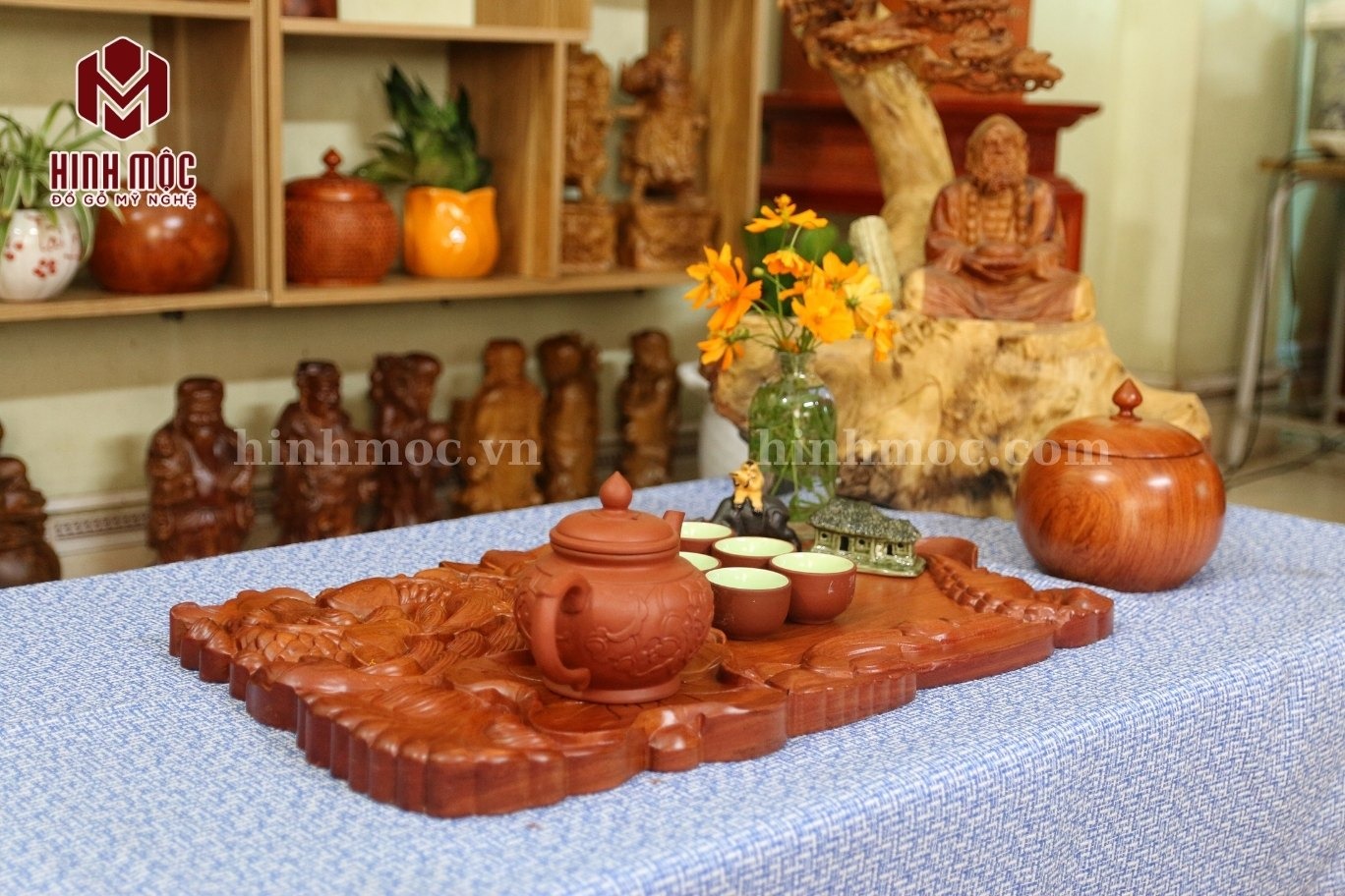 Khay trà gỗ nguyên khối cá chép lá sen 5 Khay trà gỗ nguyên khối cá chép lá sen 5