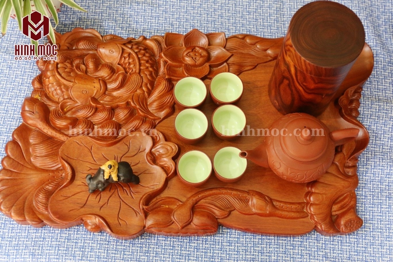 Khay trà gỗ nguyên khối cá chép lá sen 6 Khay trà gỗ nguyên khối cá chép lá sen 6