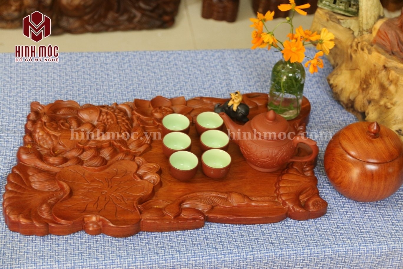 Khay trà gỗ nguyên khối cá chép lá sen 7 Khay trà gỗ nguyên khối cá chép lá sen 7