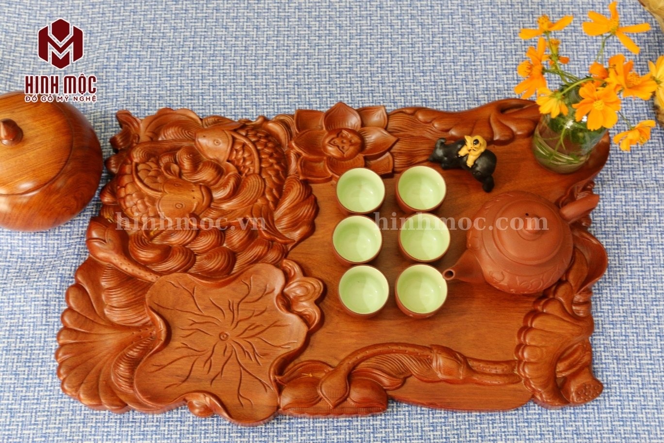 Khay trà gỗ nguyên khối cá chép lá sen Khay trà gỗ nguyên khối cá chép lá sen