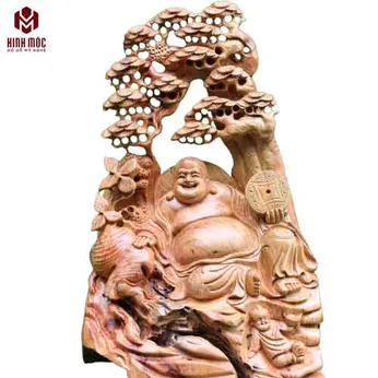 Di Lặc ôm bao tiền cây tùng cao 60cm gỗ xá xị