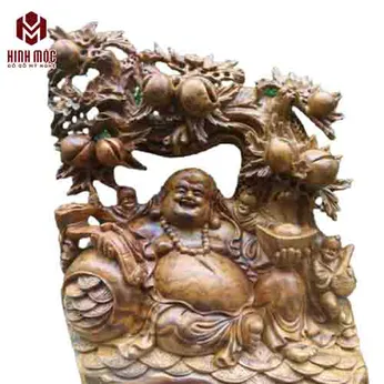 Di Lặc ngồi gốc cây đào cao 67cm gỗ xá xị