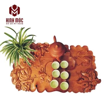 Khay trà gỗ hương nguyên khối họa tiết hoa bí