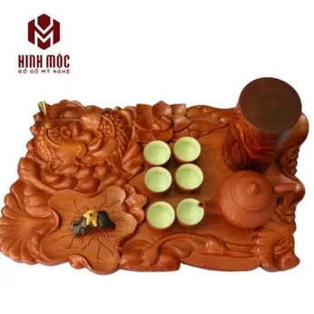 Khay trà gỗ nguyên khối cá chép lá sen