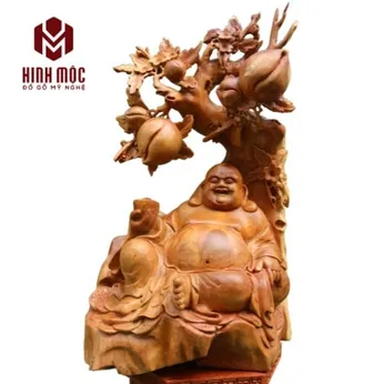 Di lặc ngồi gốc đào gỗ hương ta cao 65cm