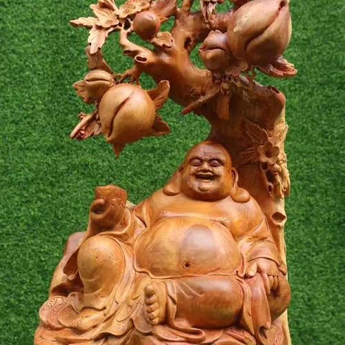 Di lặc ngồi gốc đào gỗ hương ta cao 65cm