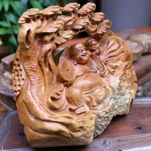 Di Lặc để bàn gỗ nu xá xị