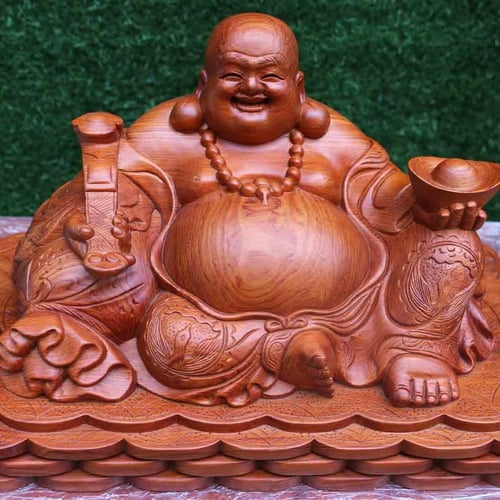 Tượng phật di lặc ngồi đế xoài gỗ hương ngang 50, cao 30 cm