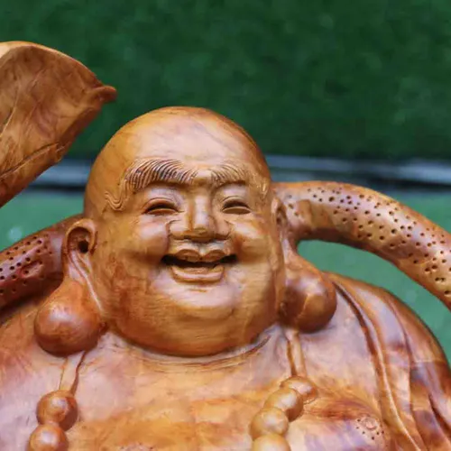 Di Lặc ngồi vác lá sen gỗ hương