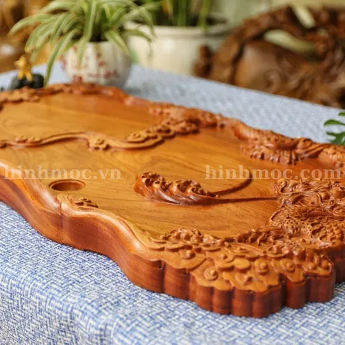 Khay trà đục rồng nguyên khối gỗ hương siêu đẹp