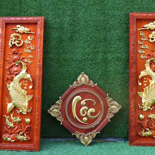 Tranh gỗ cá chép Phúc Đức 1.07m