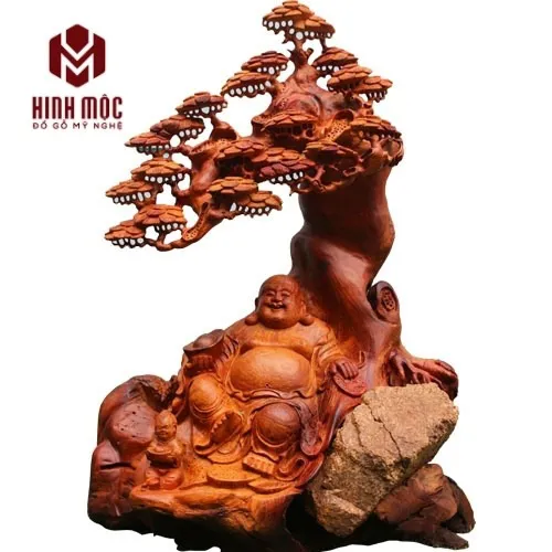 Tượng di lặc ngồi gốc tùng gỗ hương cao 80 cm