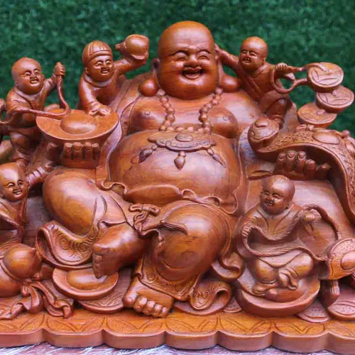 Di Lặc ngồi ngũ phúc gỗ hương đá