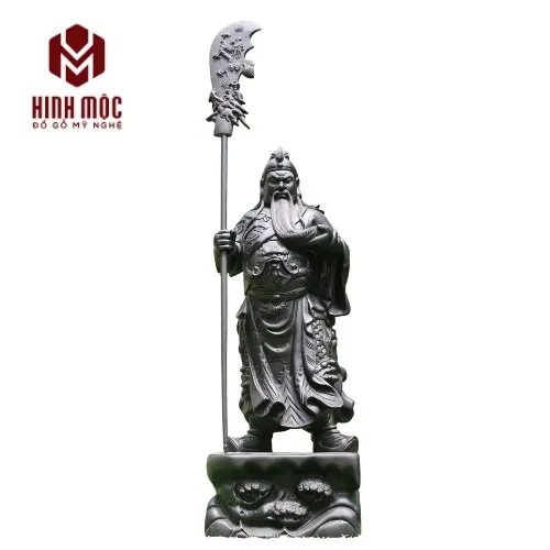 Tượng Quan Công chống đao gỗ mun sừng cao 60cm
