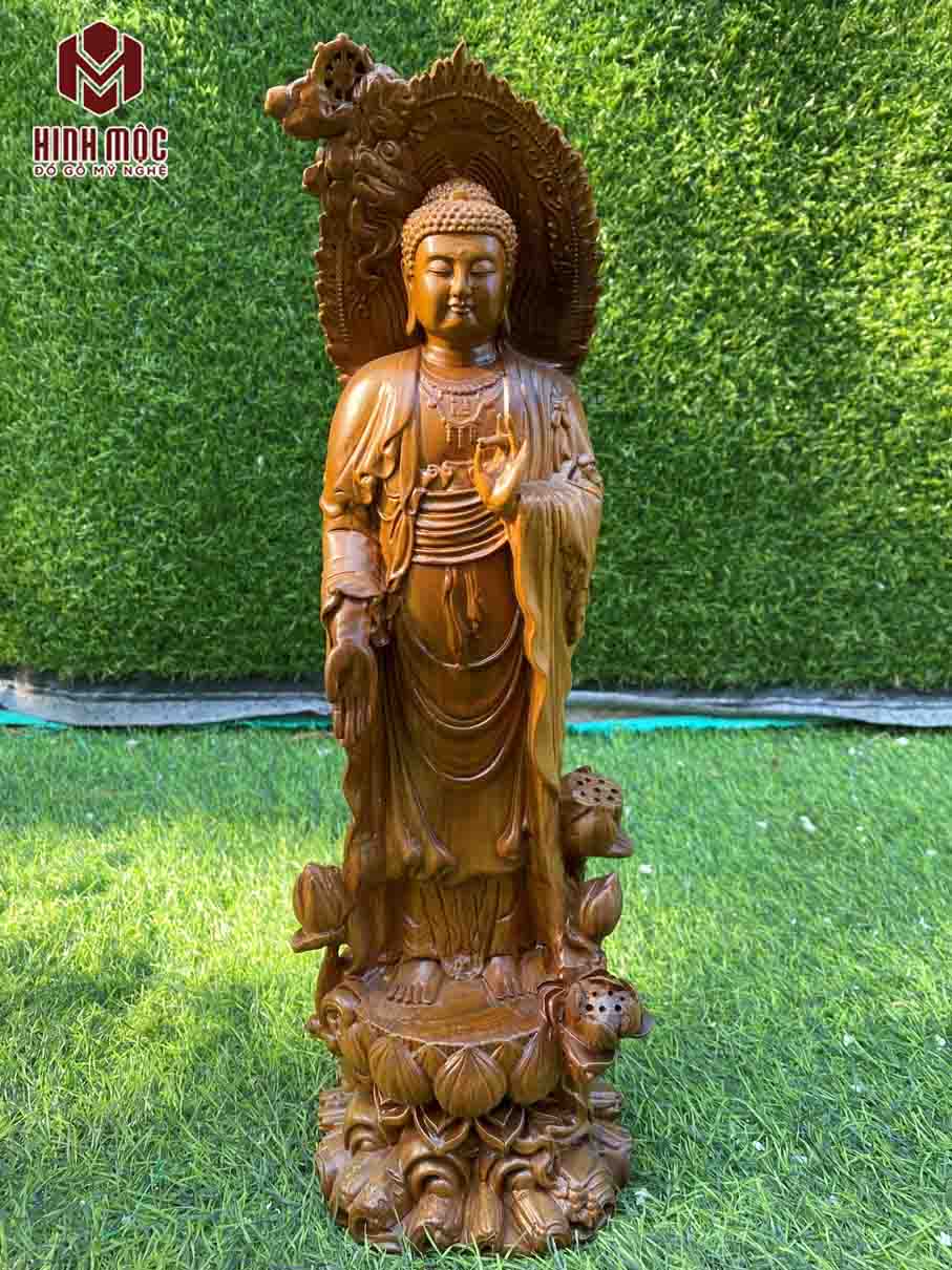 Tượng Phật A Di Đà đứng cao 40cm gỗ bách xanh