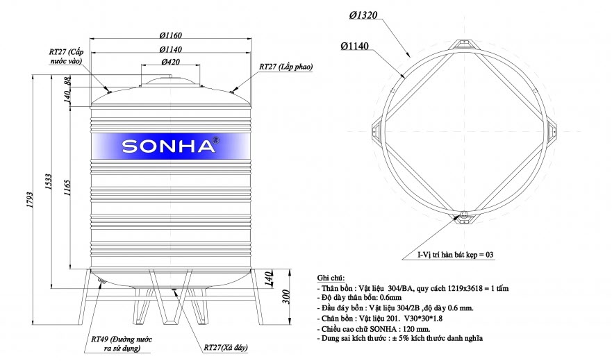 Bồn nước inox Sơn Hà 1000L đứng Bồn nước inox Sơn Hà 1000L đứng