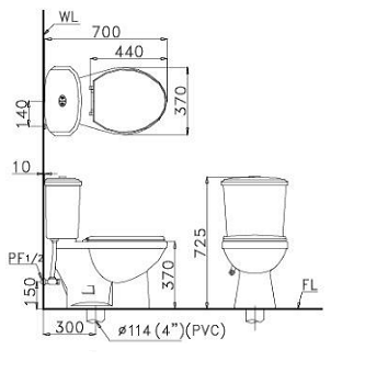 Bồn cầu hai khối-hai chế độ xả CD1338 Kích thước bồn cầu hai khối-hai chế độ xả caesar CD1338