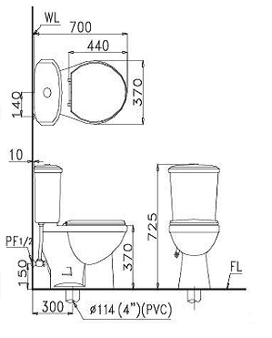 Bồn cầu hai khối-một chế độ xả caesar CT1338 Kích thước bồn cầu hai khối-một chế độ xả caesar CT1338