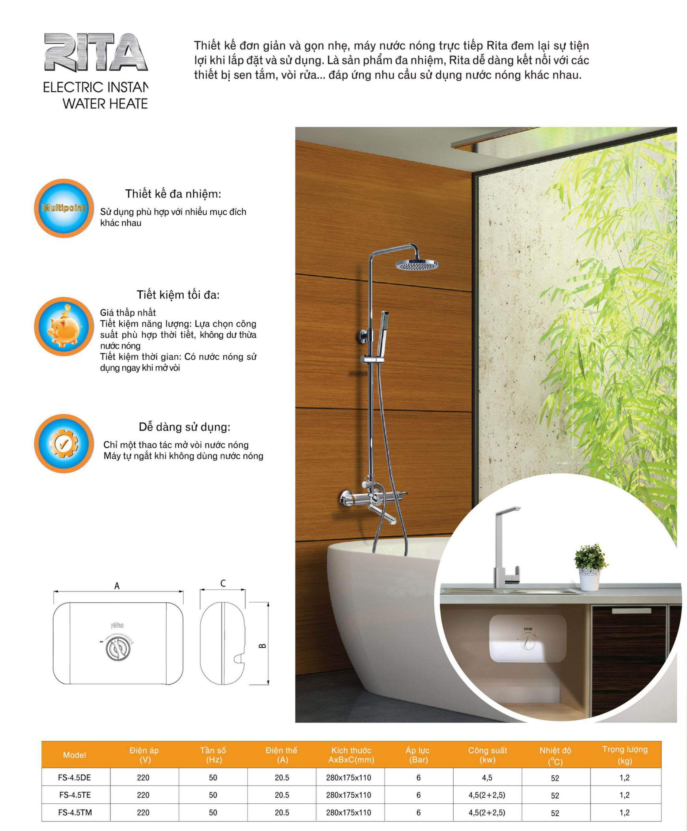 Máy nước nóng trực tiếp Ferroli RITA FS - 4.5 DE Máy nước nóng trực tiếp Ferroli RITA FS - 4.5 DE