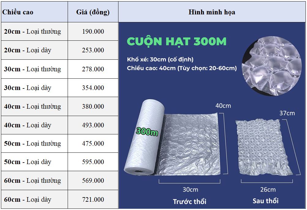 Bảng giá túi khí chèn hàng dạng hạt Bảng giá túi khí chèn hàng dạng hạt