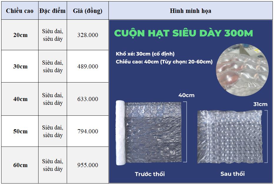 Bảng giá cuộn túi khí dạng hạt siêu dai, dày Bảng giá cuộn túi khí dạng hạt siêu dai, dày