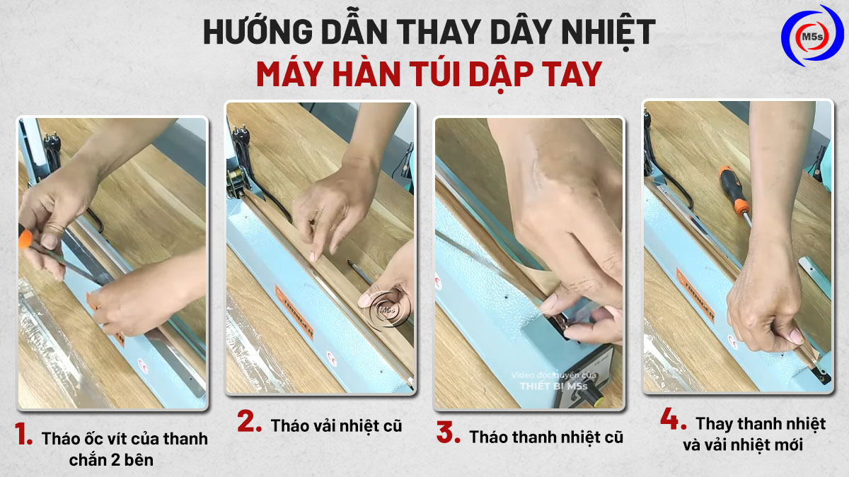 Các bước thay dây nhiệt máy hàn miệng túi dập tay Các bước thay dây nhiệt máy hàn miệng túi dập tay