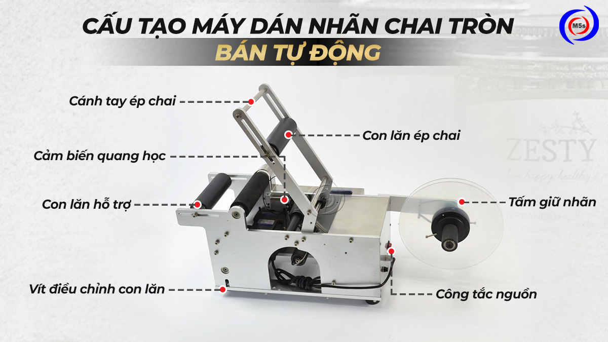 Cấu tạo máy dán tem nhãn chai tròn bán tự động Cấu tạo máy dán tem nhãn chai tròn bán tự động
