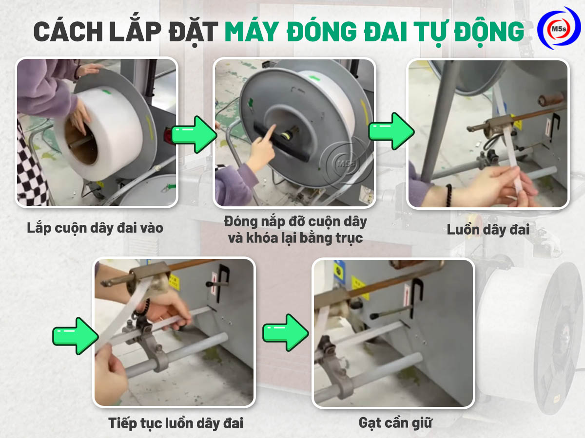Hướng dẫn cách lắp cuộn dây đai máy đóng đai thùng tự động Hướng dẫn cách lắp cuộn dây đai máy đóng đai thùng tự động