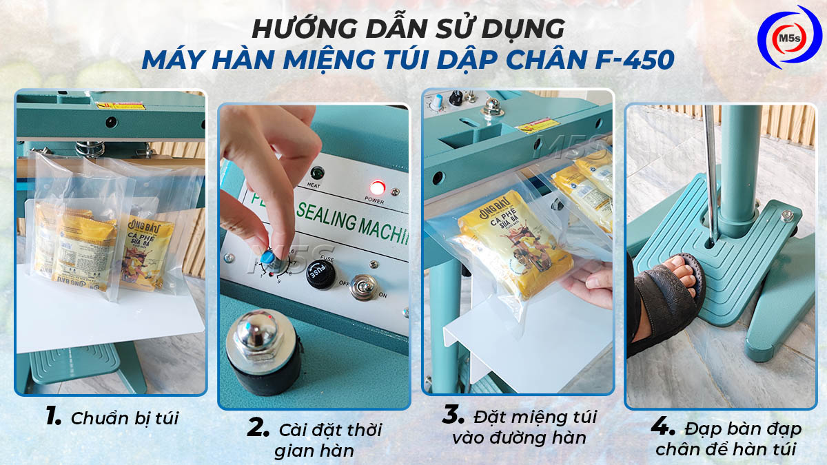 Các bước sử dụng máy ép miệng túi dập chân F-450 Các bước sử dụng máy ép miệng túi dập chân F-450