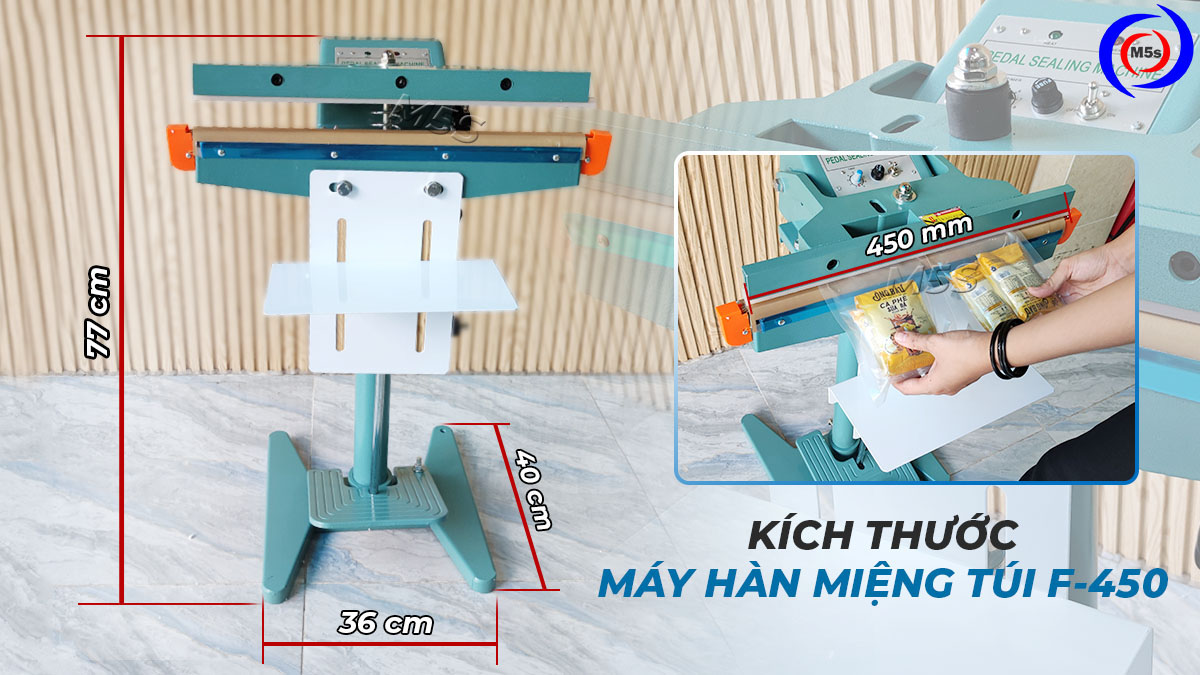 Kích thước máy hàn túi dập chân F-450 Kích thước máy hàn túi dập chân F-450
