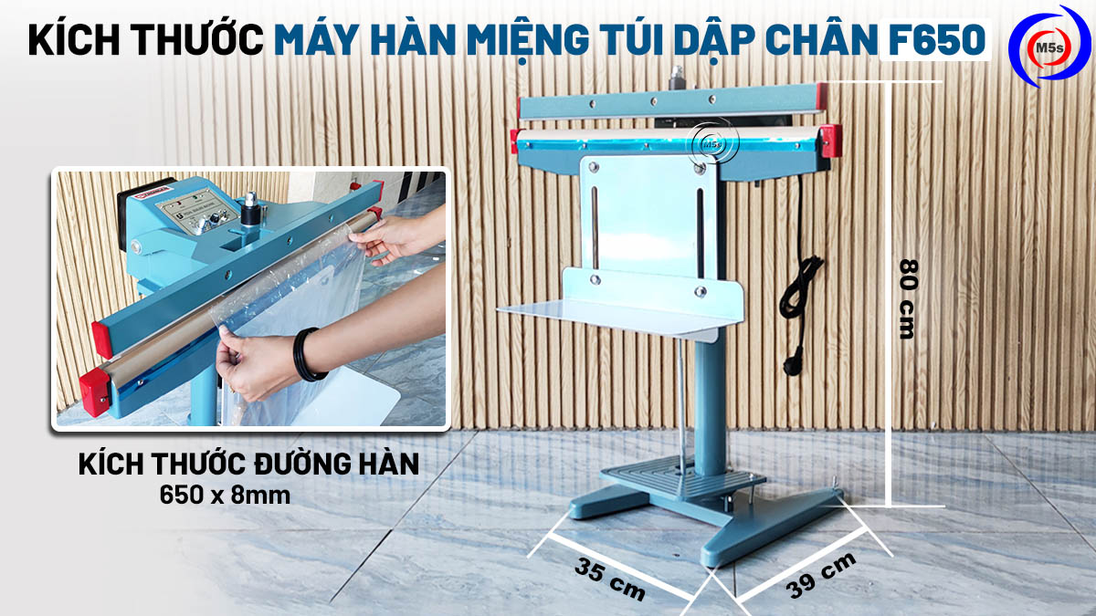Kích thước máy hàn miệng túi dập chân F-650 Kích thước máy hàn miệng túi dập chân F-650
