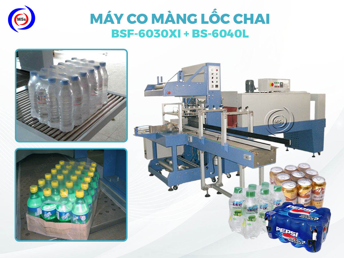 Máy đóng màng co lốc chai BSF-6030XI + BS-6040L Máy đóng màng co lốc chai BSF-6030XI + BS-6040L