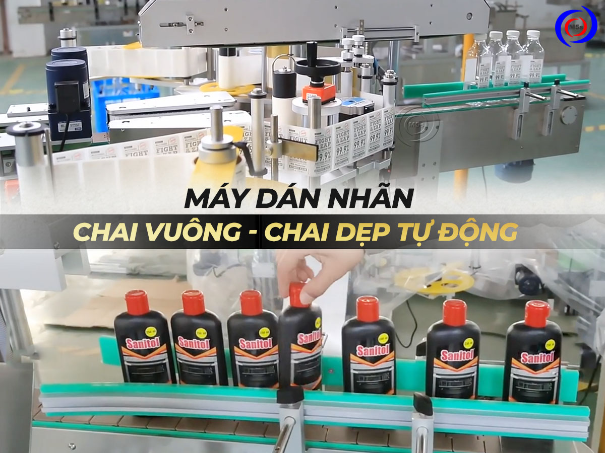 Máy dán nhãn chai vuông, chai dẹp tự động Máy dán nhãn chai vuông, chai dẹp tự động