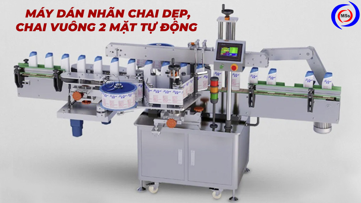 Máy dán tem nhãn chai dẹp, chai vuông 2 mặt tự động Máy dán tem nhãn chai dẹp, chai vuông 2 mặt tự động