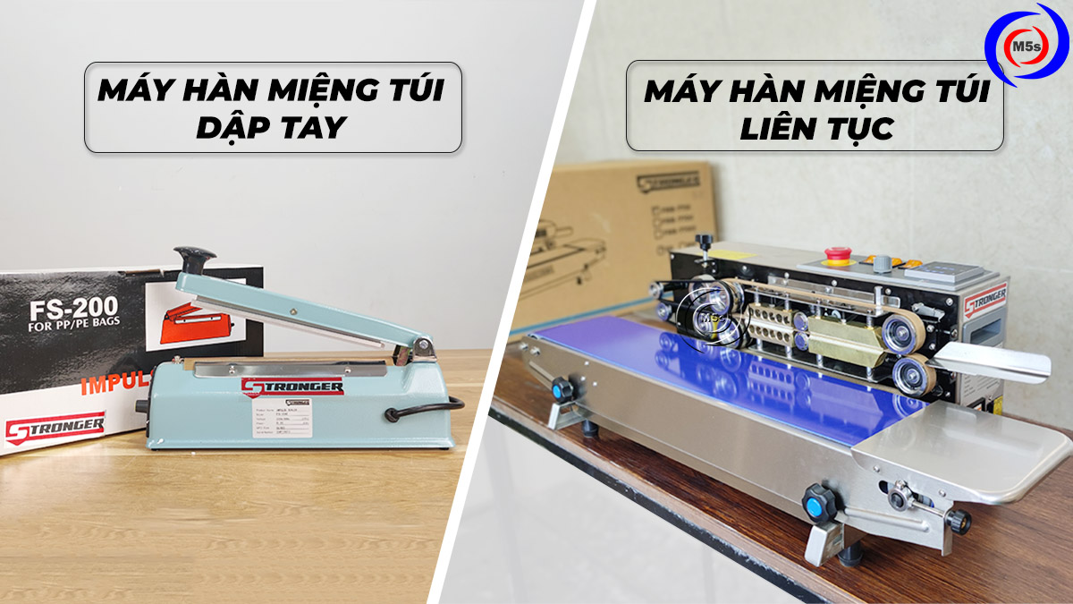 Máy hàn miệng túi dập tay và máy hàn túi liên lục