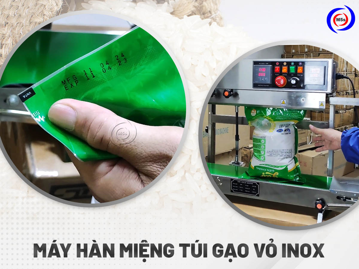 Máy ép miệng túi gạo vỏ inox Máy ép miệng túi gạo vỏ inox