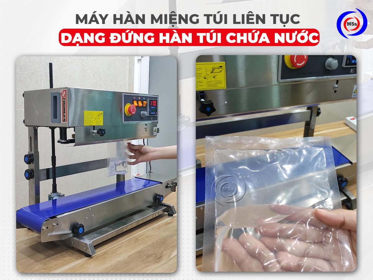 Máy hàn miệng túi liên tục dạng đứng hàn túi có chứa nước Máy hàn miệng túi liên tục dạng đứng hàn túi có chứa nước