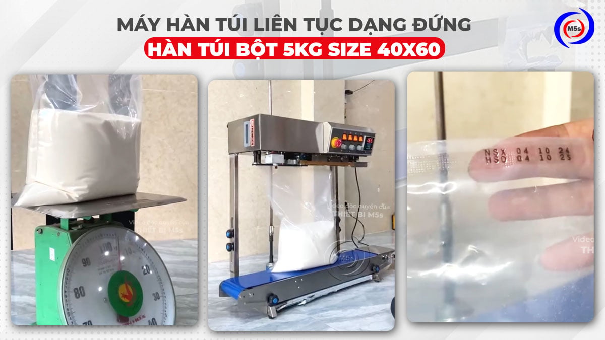 Máy hàn miệng túi liên tục dạng đứng hàn túi gạo 5kg size 40x60 Máy hàn miệng túi liên tục dạng đứng hàn túi gạo 5kg size 40x60
