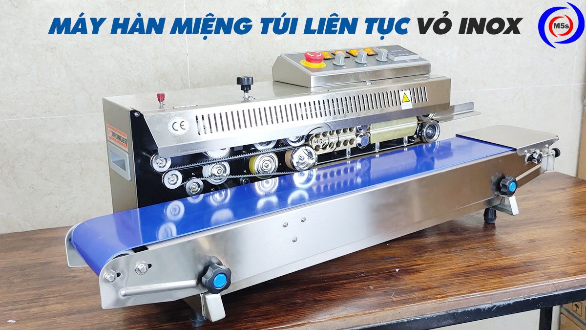 Máy hàn miệng túi liên tục vỏ inox Máy hàn miệng túi liên tục vỏ inox