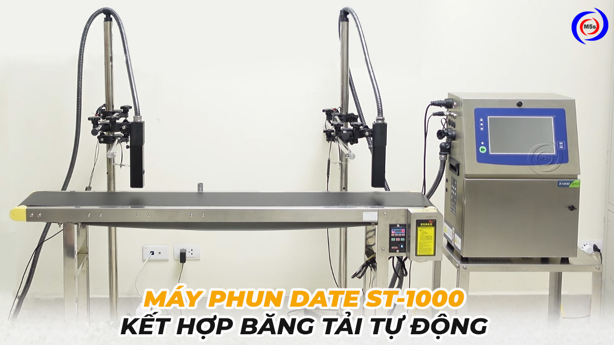 Máy in date công nghiệp ST-1000 kết hợp băng tải tự động Máy in date công nghiệp ST-1000 kết hợp băng tải tự động